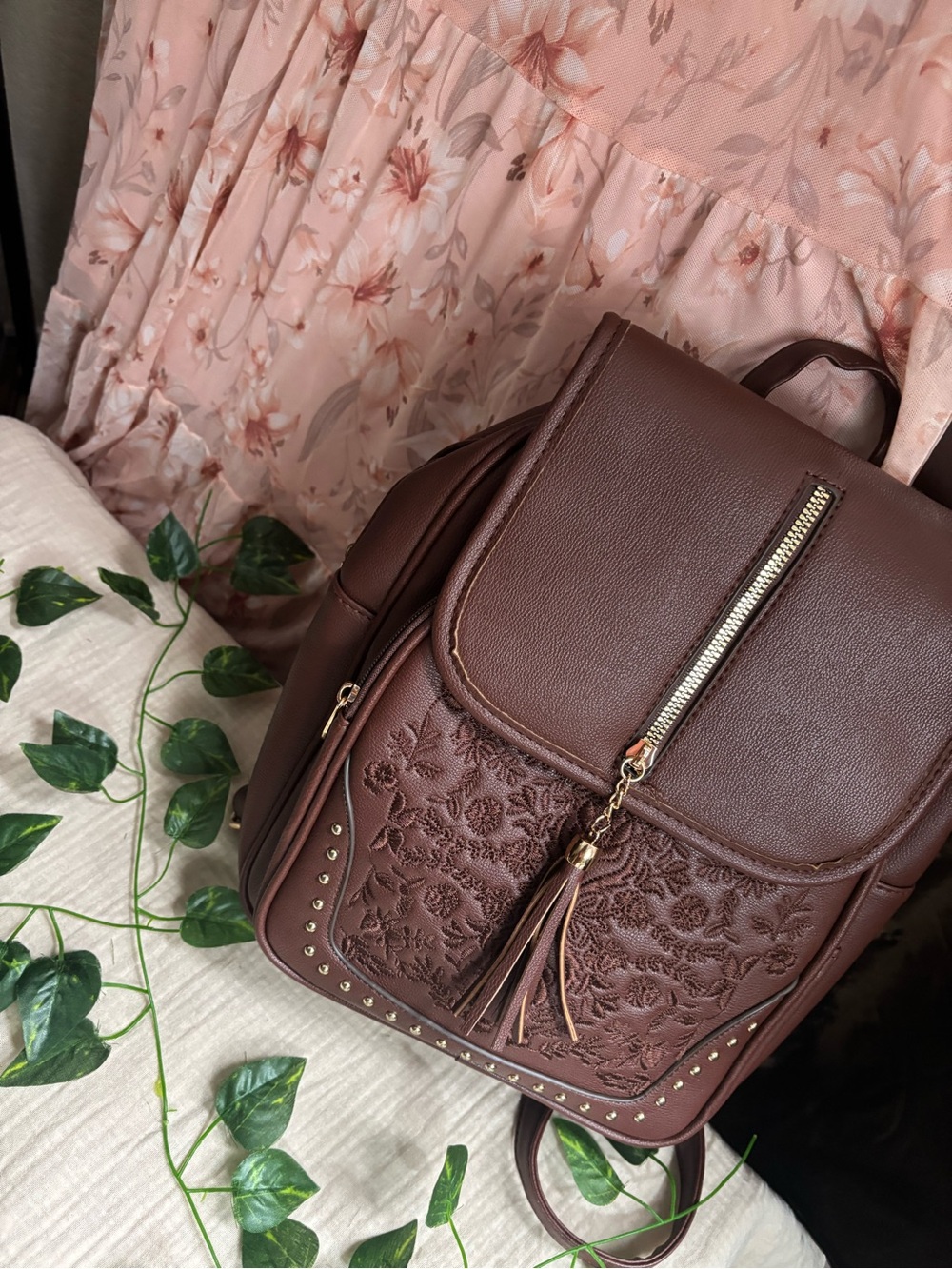 Brown Leather Embroidered Floral Boho Backpack Purse Gold Studs Tassel